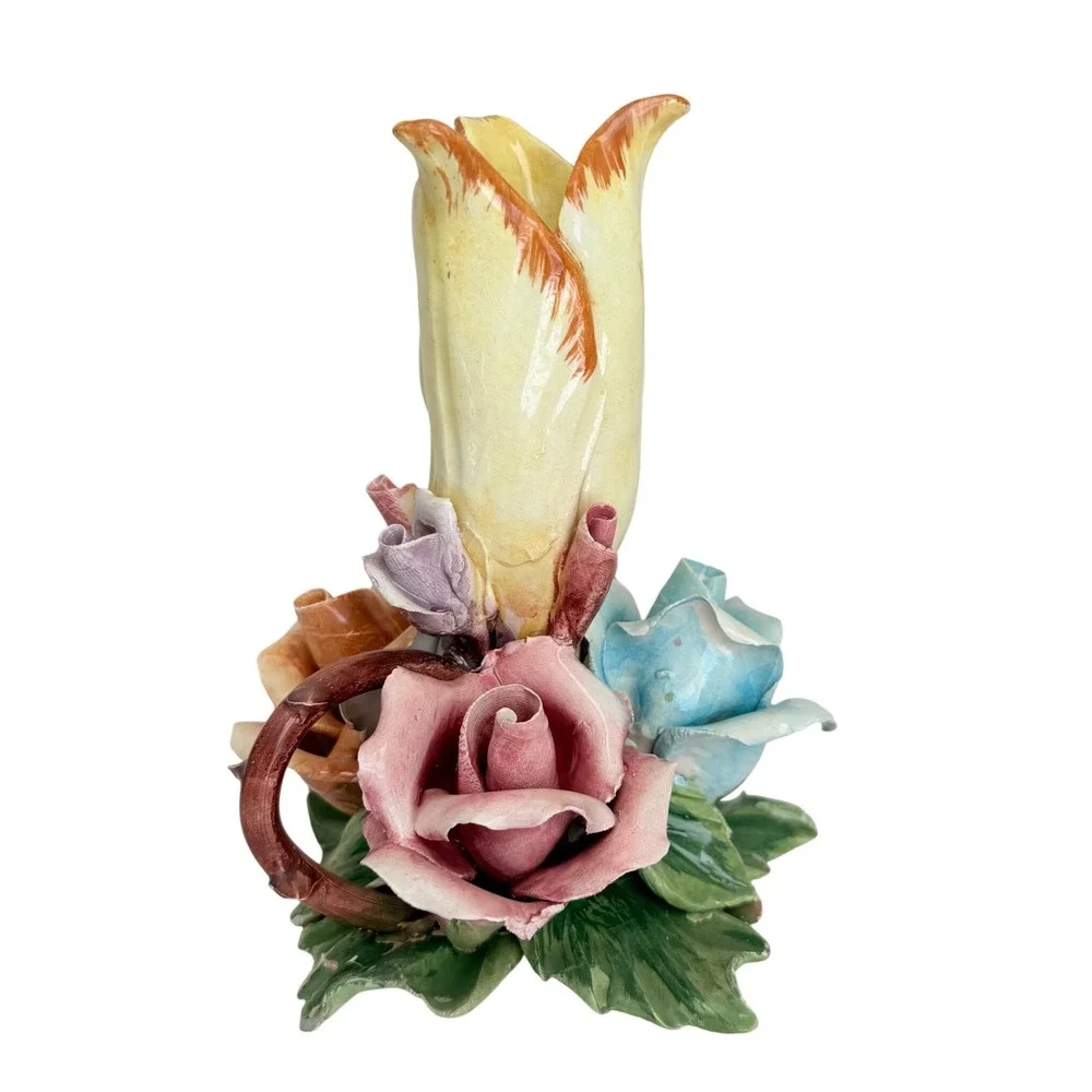 Bassano Italy Floral Bud Vase Small Multicolor Good Vintage Capodimonte Style 6
